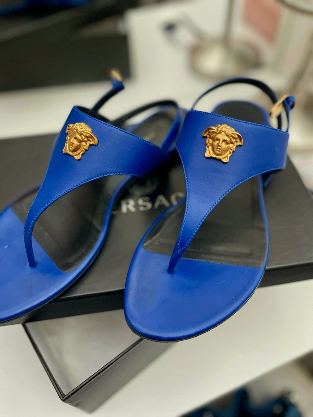 Versace Cobalt Blue Medusa Thong Sandals with Gold Emblem